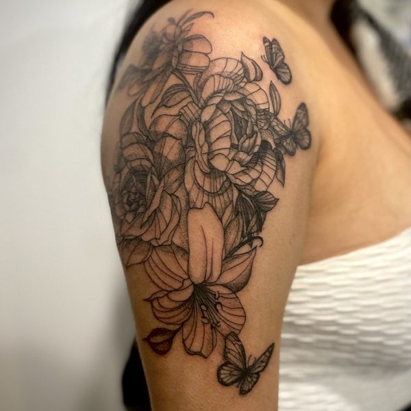 Fine line floral shoulder tattoo with butterflies, Afterglow Tattoo Studio