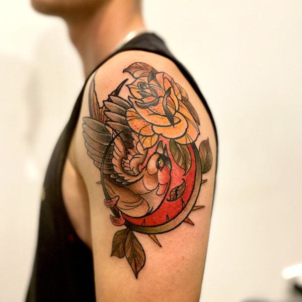 Neo-traditional bird and rose shoulder piece, Sunshine Coast tattoo