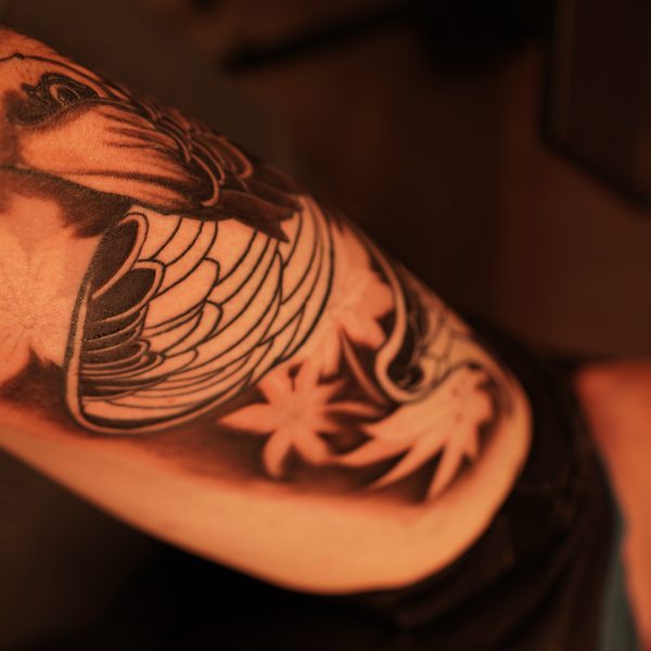 Neo-traditional skull and koi calf tattoos, Afterglow Tattoo Studio